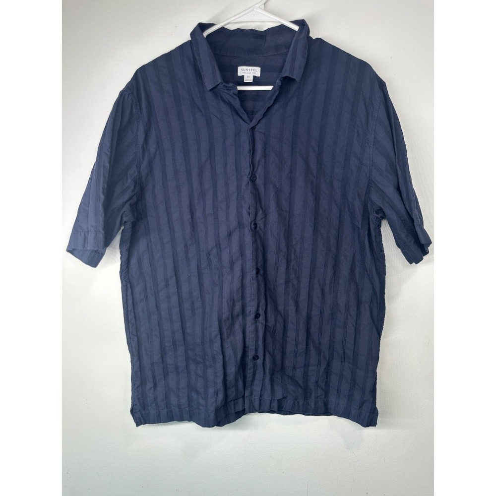 Sunspel Navy Short Sleeve Button Up Shirt Camp Collar Embroidered Stripe - XL